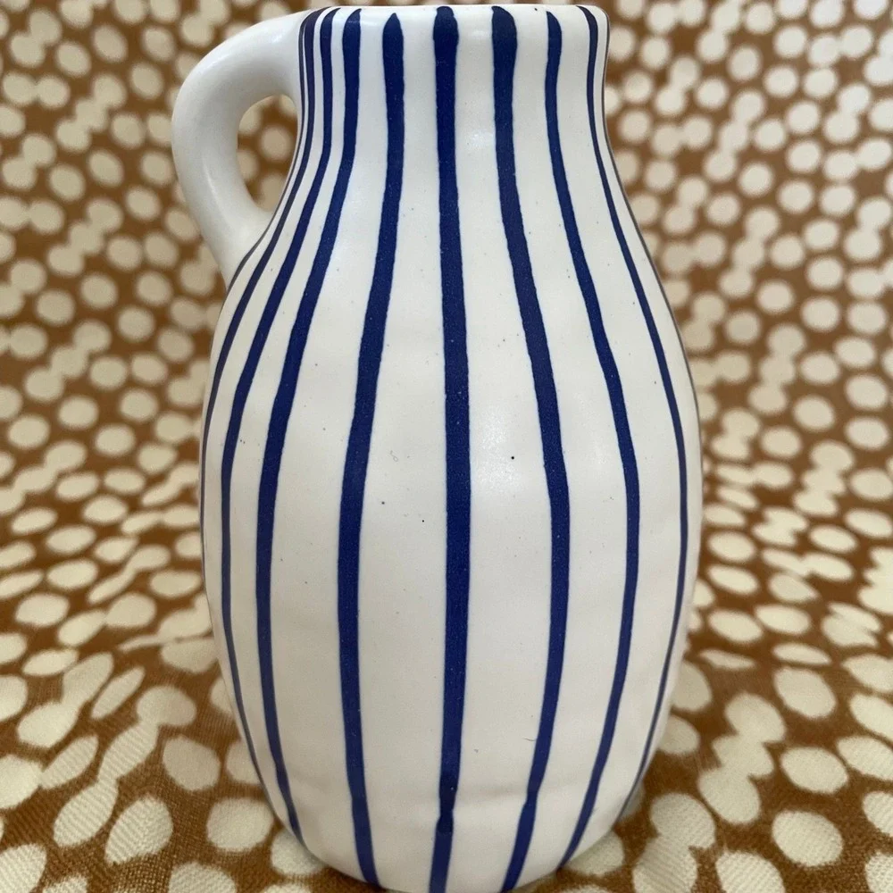 Ikea White Ceramic Pitcher Vase with Blue Stripes‎ Scandinavian Modern Decor